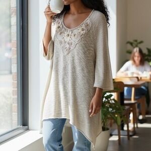 Indigo Soul Gold Lurex Knit Tunic Top Womens Large Boho Crochet Embellished L